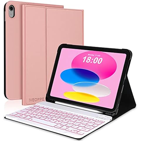 IVEOPPE Keyboard Case for iPad 10th Generation 2022, 7 Colors Backlit Magnetic Bluetooth Keyboard, Slim Stand Special Twill Design Cover with Pen Holder for iPad 10th Gen (10.9", 2022), Rose Gold Cover