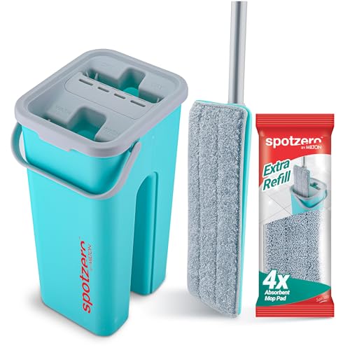 Spotzero By Milton 2-1 Flat Mop I Wash and Dry Chamber I Flexible Head I Premium 4X Absorbent Microfiber Refills I Floor Plus Wall Mop I Long Handle I