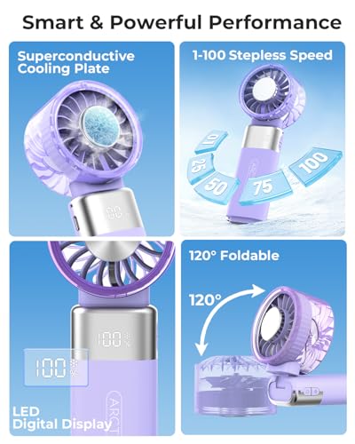 Image of ARCTlCOOL Portable Mini Fan with Ice Touch Tech, 7500 RPM Handheld Fan with Buckle, 4000mAh Battery, 100 Speeds Foldable Fan with Smart Digital Display for Makeup, Travel & Outdoor (Purple)