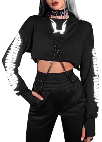 Image of FDKLOOK Womens Gothic Tops Long Sleeve Reflective Printed Chain Steampunk Grunge Crop Y2k Hoodies Black L