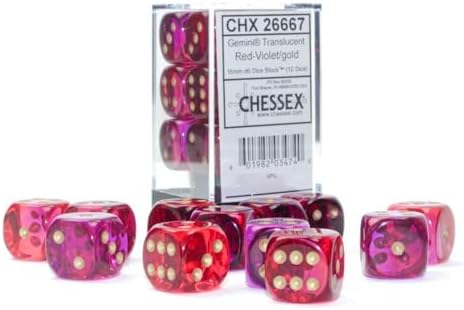 Miniatura 2 de Chessex Géminis Bloque de dados de 0.630 in d6 translúcido rojo-violetaoro (12 dados)