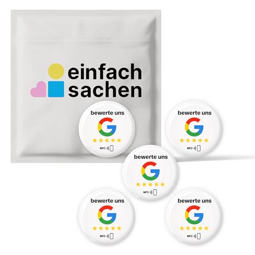 5X NFC Sticker für Google Bewertungen „bewerte Uns“ – Epoxy 3D-Effekt - zum selber programmieren & umprogrammieren - 3 cm Ø - Für Speisekarten, Rechnungsmappen, Mobile Einsätze