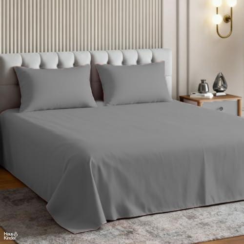 Image of haus & kinder Bedsheet King Size, 300 TC Cotton Sateen Weave, Flat Bedsheet for King Size Bed, Silky Smooth (Fogstone, 108x108)