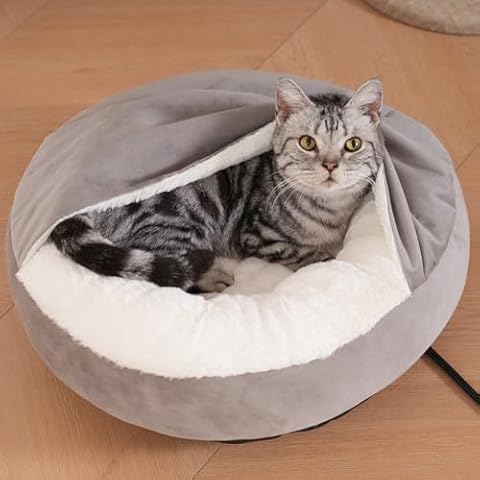 Heated Cats Bed with Cover,Indoor Auto Heating Pets Bed for Cats and Puppy, Washable and Warm Round Anti-Anxiety Heated Pets Bed with Cozy Hooded Blanket (20" with Cover) Cover