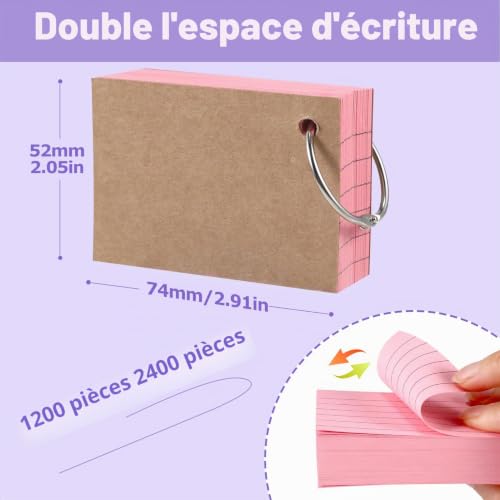 Siumir Lot de 1200 Flashcard, impression recto-verso, cartes d'apprentissage A8, avec couverture en kraft et anneau en vrac, 6 couleurs, adaptées pour les bureaux, les écoles (7,4 x 5,2 cm） – vue 6