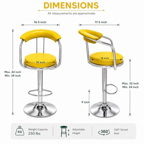Image of Kemon Modern Adjustable Swivel Bar Stool Chair with Backrest, PU Leather Hydraulic Counter Stool with Footrest for Kitchen Island, Cafe & Home Bar (1, Yellow, Round Barrel Stool)