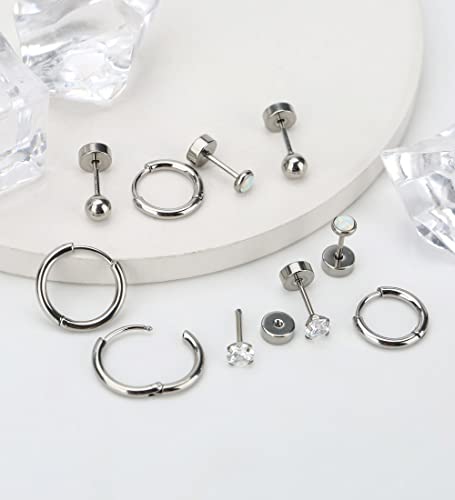 Mjust Titanium Earrings For Sensitive Ears 20G Titanium Stud Earrings And Hoop Earrings Ball Opal Cubic Zirconia G23 Pure Titanium Cartilage Earrings Hypoallergenic Flat Back Earrings(Silver) #TOP5