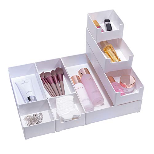 StarratS 8Pcs Desk Drawer Organizer Trays Storage with 4-Size Large Capacity Plastic Drawer Organizers Bathroom Customize Layout Storage Box for Dresser Makeup Kitchen Utensil Office White