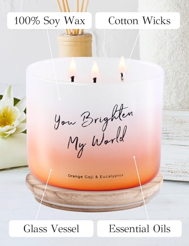 Orange Goji Berry & Eucalyptus 3-Wick Soy Candle, 15.8 oz | Highly Scented Aromatherapy Candle for Stress Relief | “You Brighten My World” | Gift for Women & Men | Long-Lasting, Clean Burn - Thumbnail 5