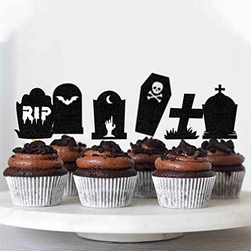 Domoo Of Dreams HALLOWEEN TOMBSTONE 07-18 Halloween Tombstone Cupcake Toppers Glitter Rip Spooky Skull Food Picks Cemetery Graves Zombie Birthday Party Decoration 24Pcs thumb #2