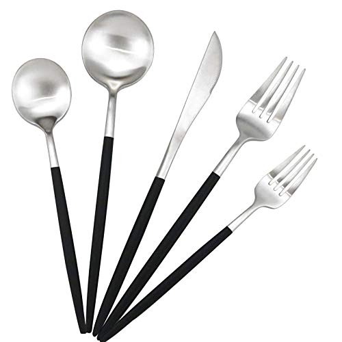 Gugrida Black Handle Matte Silver Silverware Set - 5-Piece 18/10 Stainless Steel Satin Finish Flatware, Kitchen Utensils, Tableware Travel Cutlery for Camping Office Lunch - Dishwasher Safe