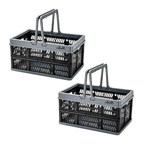 ZHJINGYU Petits paniers en plastique noir, lot de 2 paniers en plastique pour organiser, panier de courses pliable, caisse pliable avec poignées, panier de rangement pliable, panier de voiture, pour