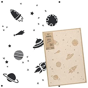 NAKLEO Reusable Plastic Wall Stencil – 43x64cm / 17″ x 25″ – Space Cosmos Planet Moon Rocket UFO – Large Wallpaper Pattern Painting DIY Art Craft Template – Fabric Furniture Wood Canvas