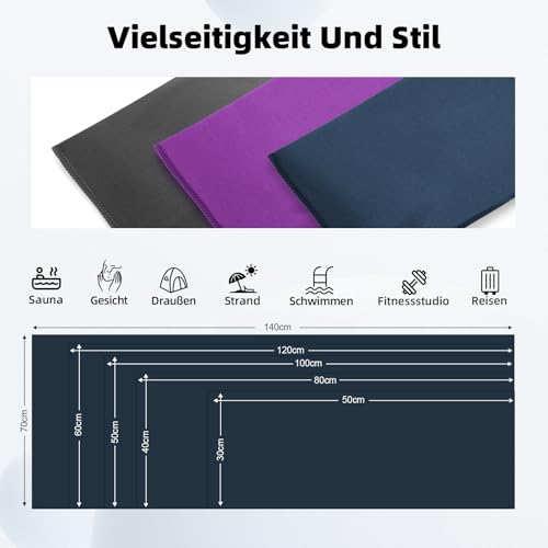 Mikrofaser Handtuch 3er Set (60*120cm): Schnelltrocknend & Kompakte Microfaser Sporthandtuch, für Reisehandtuch, Badetuch, Fitness, Strandtuch und Sport Handtücher (Lila + Marineblau + Dunkelgrau)