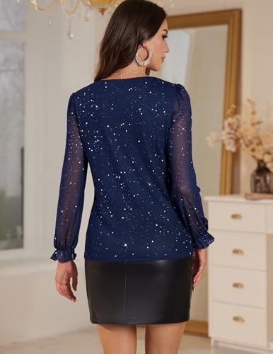DRESSTELLS Women's Sequin Tops Ruffle V Neck Long Sleeve Double Layers Mesh Sparkly Blouses for Party3