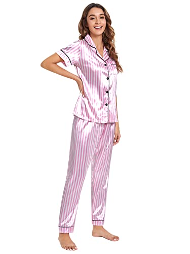 Floerns Women's Printed Two Piece Short Sleeve Sleepwear Long Pants Pajamas Sets Pink White Striped M #TOP1