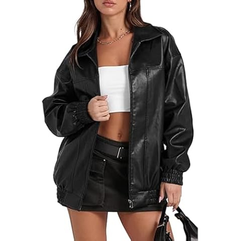 Sexyshine Women's Oversized Faux Leather Jacket Lapel Collar Zip Up Long Sleeve PU Leather Coat Motorcycle Bomber Biker Overcoat(27221BL,S) Cover