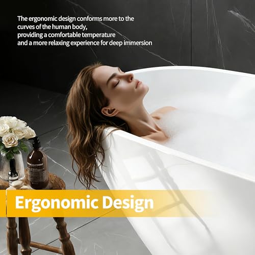 Image of 67 Inch Acrylic Freestanding Bathtub, Deep White Oval Pearl-Shape Soaking Tub, Modern Stand Alone Bathtub with Non-Slip Base, Chrome Overflow & Pop-Up Drain, Easy Assembly for Bathroom, Home, Spa