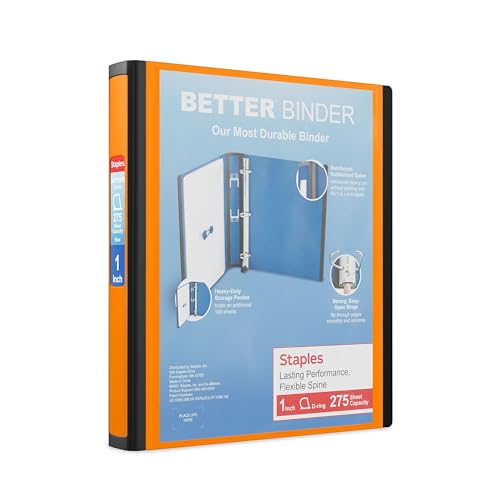Staples Better Binder, 1" Heavy‑Duty D‑Ring 3‑Ring Binder, Orange, Reinforced Spine, 275‑Sheet Capacity, Durable Organizer for Classes, Office & Projects, 3‑Pack