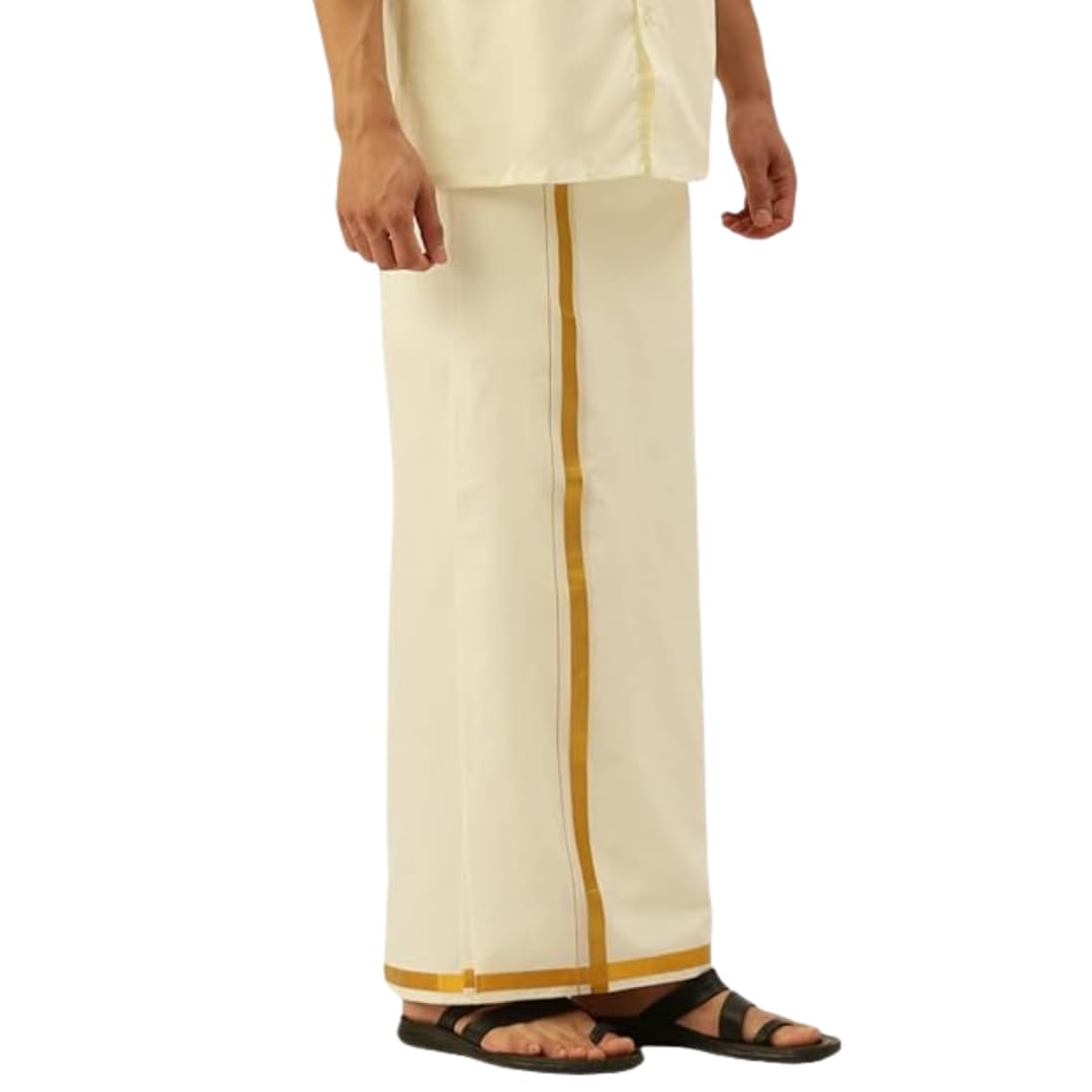 Adjustable Cream Cotton Dhoti with Gold Jari Border For Mens - Velcro Fit (28 to 44 Inches)-image-47