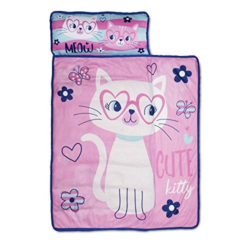 Funhouse Cute Kitty Cat Kids Nap Mat Set – Includes Pillow and Fleece Blanket – Great for Girls Napping During Daycare, Preschool, Or Kindergarten - Fits Toddlers and Young Children, Pink