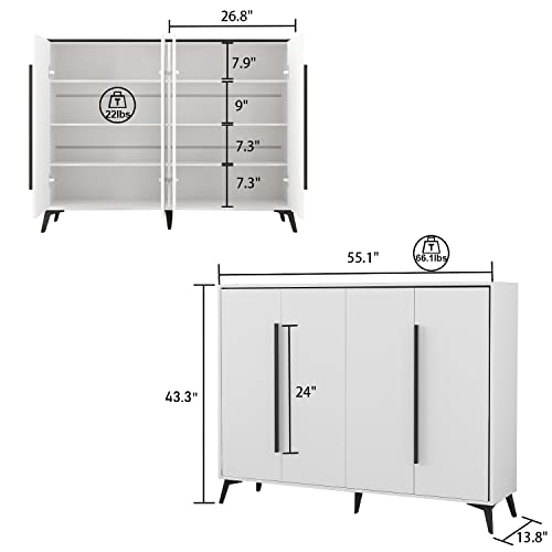 Famapy White Buffet Cabinet With Storage, Credenza Sideboard Buffet With Adjustable Shelves And Doors, Metal Legs, For Kitchen Hallway Entrance (55.1”W X 13.8”D X 43.3”H) #TOP1