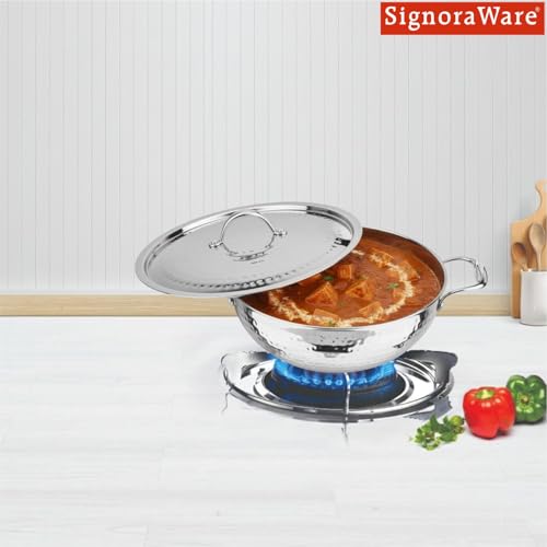 Image of Signoraware Artista Tri Ply Stainless Steel Hammered Shallow Kadhai 22cm with Lid | Gas & Induction Compatible | Stylish Indian Kadhai for Healthy Meal | Ideal for Daily Cooking (2.1 LTR | Steel)