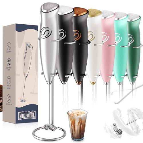 Image of Milk Frother With Stand Handheld Frother Wand Drink Mixer Handheld Coffee Stirrers Electric Frother for Coffee Mixer Wand with 2 Whisk frother for protein powder-Silver
