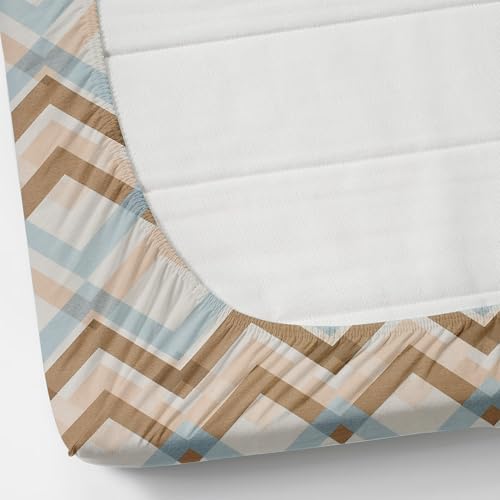 Image of KAWI Elastic Fitted Bedsheet Cotton Blend Double Bed with 2 Pillow Cover (72 inch X 78 inch)- Cream Colour-Light Brown Zig Zag Print