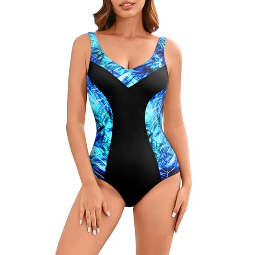 Image of Veranobreeze Athletic One Piece Swimsuit Sports Swimming Costume Women Padded Modest Swimwear (Blue Leaf, UK14)