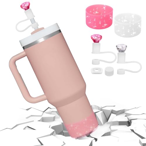 Mity rain Set for Stanley Cup Accessories, Including 2Pcs Diamond Straw Topper, 2 Pcs Silicone Spill Proof Stopper, 2Pcs Protective Glitter Silicone Boot, Pink and White Set for Stanley Cup 40/30 OZ