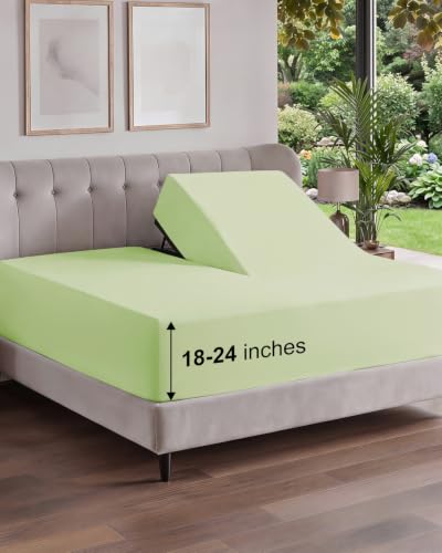 Image of Extra Deep Flex Top Split Head King Fitted Sheet - Hotel Luxury Single Fitted Sheet Only - Easily Fits 18 inch to 24 inch Mattress - Ultra Soft, Wrinkle Free w /Extra Deep Pockets - Light Sage Green