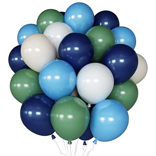 Image of Balloons Green and Blue, 60Pcs 12 Inch Navy Blue Green White Latex Party Balloons for Kids Birthday, Jungle Safari Themed Party, Dinosaur Party Supplies, Baby Shower, Wedding, Anniversary