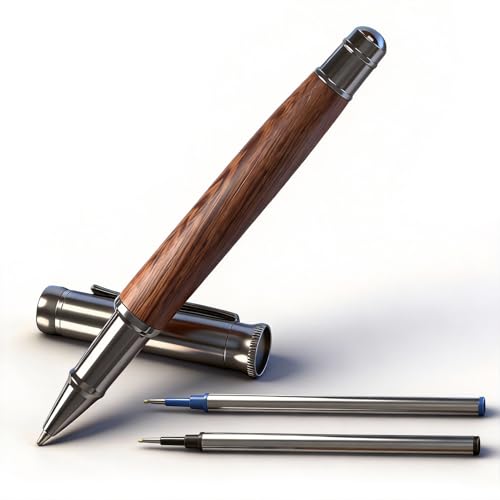 Holz Tintenroller Set 1 Stück Hochwertiger Rollerball aus Holz Exklusives Business Geschenk Set Eleganter Stift Luxus Bürogeschenk für Profis Führungskräfte mit inkl. 2 Ersatzminen Schwarz & Blau