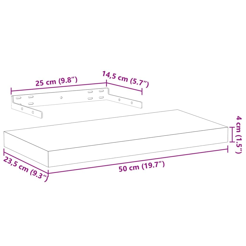 Juego de 4 estantes flotantes de 50 x 23,5 cm, estantes de pared de madera con chapa de roble, estantes rectangulares flotantes para salón, cocina y pasillo, soporte invisible