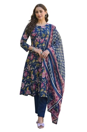 Image of FUNKY RICH Women's Cotton Straight Kurta Pant with V Neck Floral Printed Pattern 3 /4th Sleeves Calf Length Regular Fit and Dupatta Set | Womans Cotton Kurta Pant Set