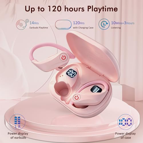 Image of Wireless Earbuds, Bluetooth 6.1 Headphones with 120H Playtime LED Display Case, Noise Canceling Earbud with Easy Button Controls Earpiece Waterproof for Running Workout Gym Cherry Blossom Pink