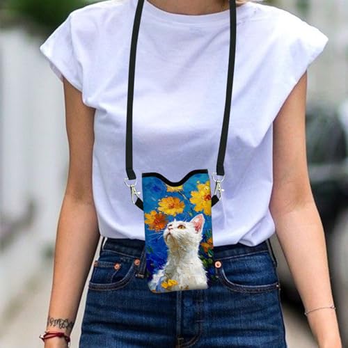 Image of Neoprene Cell Phone Sleeve Pouch Case Bag with Crossbody Strap Neck Lanyard for Women 7.1 X 3.9 in White Cat