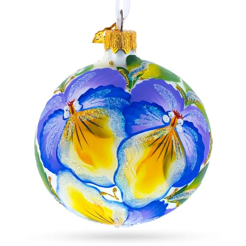 Purple Pansy Flowers Blown Glass Christmas Ornament 3.25 Inches