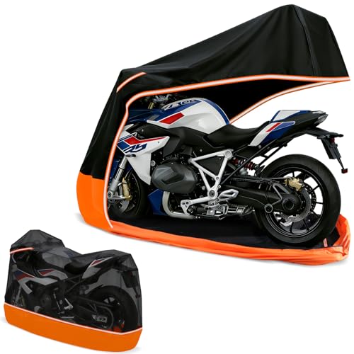 AUTOLION Full Enclosed Motorcycle Cover,Waterproof for Outdoor & Indoor Storage, 600D Heavy Duty with Reflective Strips, Fits Scooters & Touring Motorcycles up to Length 108\" x 45\" x 59\" Black&Orange