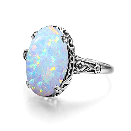 Szjinao 6Ct White Opal Ring Sterling Silver Rings For Women Floral Edwardian Antique Filigree Engagement Wedding Ring (Opal, 8) #TOP1