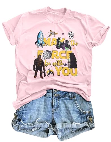 Image of FRYAID Women May The Power Be with You Graphic T Shirt Short Sleeve Casual Tops Summer Fun Vacation Shirt Soft Casual Fit