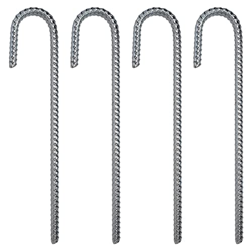 Pinnacle Mercantile 4 Pack Anti Rust Rebar Stakes J Hook Heavy Duty Galvanized Steel Ground Anchors 12 inch Long 3 8 inch Round Chisel Point End Made USA