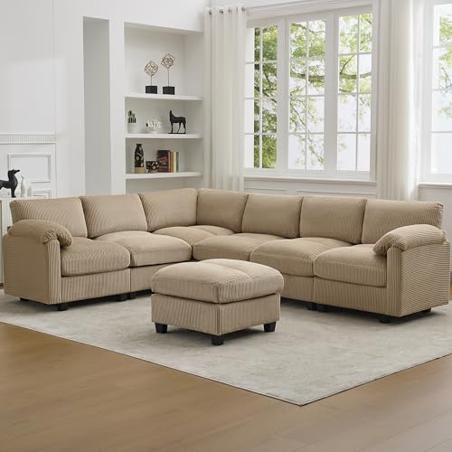 Hatppto 114'' V-Shaped Sectional Cloud Couch with Ottoman, 7-Seater Modular Couches for Living Room, Corduroy Oversized Deep Seat Sofa with Center Stitched, Camel