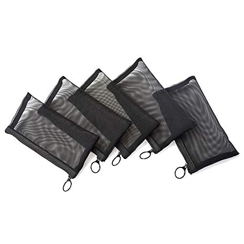 Patu Zipper Mesh Bags, Pencil Case, 5 Pieces, Beauty Makeup Cosmetic Accessories Organizer, Travel Toiletry Kit Set Storage Pouch, Black