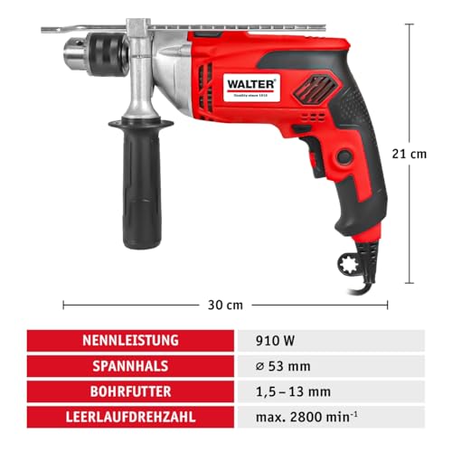 WALTER Schlagbohrmaschine 910W – Bohrhammer mit variabler Drehzahl 0–2800/min | Holz 25mm Beton 16mm Metall 13mm | Tiefenanschlag | 2,33 kg | Heimwerker & Profi – Bild 3