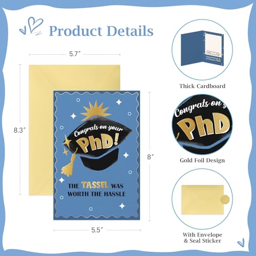 Image of FLYAB Phd Graduation Gift - 5.5 inchx8 inch Phd Graduation Card with Envelope Gold Foil Design The Tassel Was Worth The Hassle Congrats Grad Card for Her Him Men Women Daughter Son Granddaughter Grandson