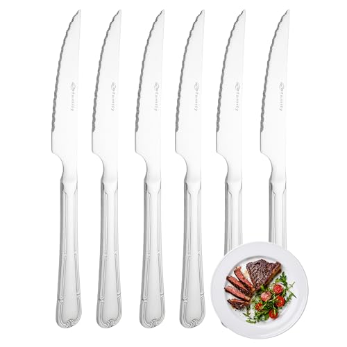 FAMILY Pack 6 Cuchillo de Carne 21.5x2CM Acero Inoxidable Diseño Flor, Elegancia y Funcionalidad para Cada Ocasión, Cubiertos de Alta Gama para Hogar y Restaurante