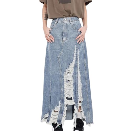 Women's Long Denim Skirt High Waisted Ripped Irregular Frayed Raw Hem A-Line Casual Jean Skirts
