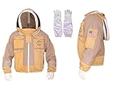 American Beekeepers 3 Layer Beekeeping Jacket With Fencing Veil One Pairs Gloves Ventilated Protection Bee Jacket (Khaki, Large)